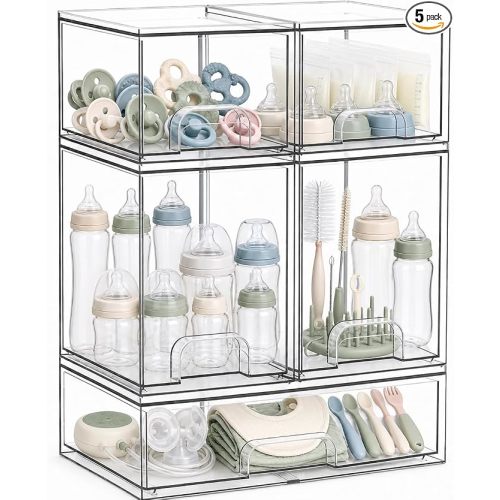 Baby Bottle Organizer, 3-Tier Acrylic Storage Organizer for Baby Bottle, 5 Packs of Clear Plastic Bottle Drawer Organizers for Kichen Countertop, Vanity, Bathroom, Cabinet, Pantry Organization