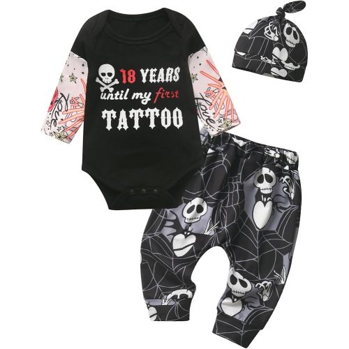 Newborn Baby Boys Outfits Infant Skeleton Letter Print Long Sleeve Romper Jumpsuits Pants Hat Clothes Set