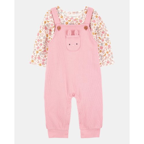 Baby Girl 2-Piece Floral Bunny Long-Sleeve Tee & Coverall Set - Pink