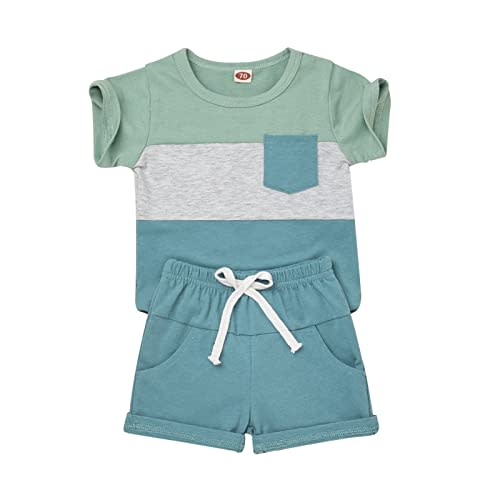 KAFIREN Baby Boy Clothes Toddler Boy Summer Outfits Short Sleeve Patchwork Top T-shirt & Pocket Pant Set 2 Piece 12 Months-4T