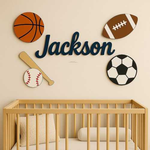 Sports Themed Personalized Name Sign For Nursery Wall, Custom Wooden Name Sign Above Crib, 3D Baby Name Plaque, Nursery Decor