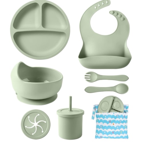 Silicone Baby Feeding Set, 10 Pcs Baby Led Weaning Supplies Baby Eating Essentials Set with Suction Bowl Divided Plate Adjustable Bib Soft Spoon Fork Cup with Lid Drinking Cup, Travel Bag (Green)