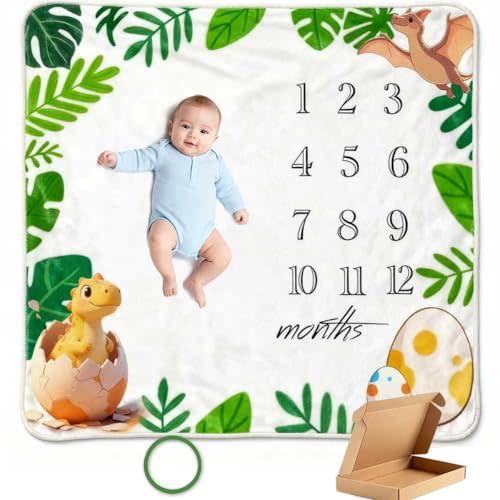 JIX SDFFAY Baby Monthly Milestone Blanket Dinosaur Newborn Month Blanket for Boy & Girl, Personalized Baby Shower Age Photo Photography Backdrop with Growth Prop Frame 45x40 Inches