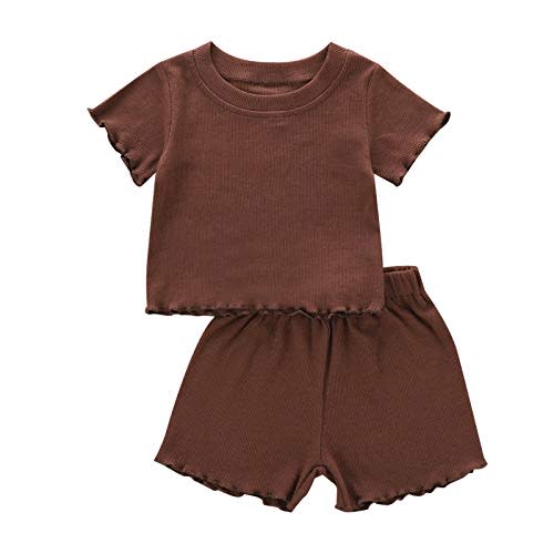 Toddler Baby Girl Summer Clothes Ribbed Knit Cotton Cute Summer Outfits Short Sleeves 2 Pieces Shorts Set 12M - 5T