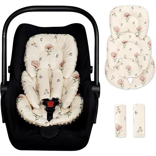 Infant Car Seat Insert with 2 Strap Pads, Super Soft Carseat Head and Body Support for Baby Boys and Girls, Reversible Newborn Car Seat Insert Cushion for Strollers, Bouncers, Swing, Simple Flowers