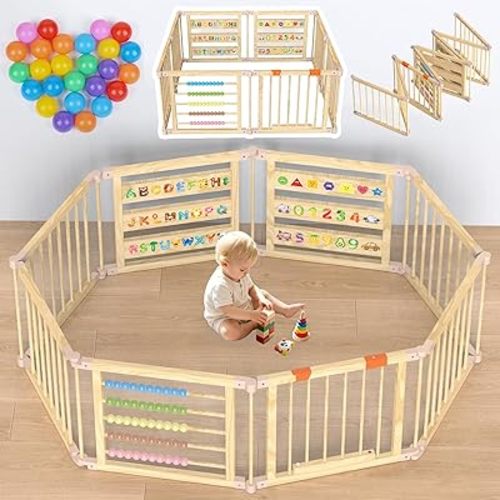 Foldable Wooden Baby Playpen with Gate, Wood Baby Play Pen Play Yard with Educational Abacus, Alphabet Board, Shape Color Board & Child Proof Lock, Wood Playpen for Babies and Toddlers 57×57×23 inch