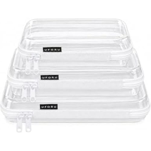 3 Pack Clear Hard Shell Zipper Case, Heavy Duty Waterproof Clear Zipper Pouches, Travel Makeup Organizer & Toiletry Bag, Diaper Bag Organizer Pouches for Toys, Tech & Art Supplies, SML