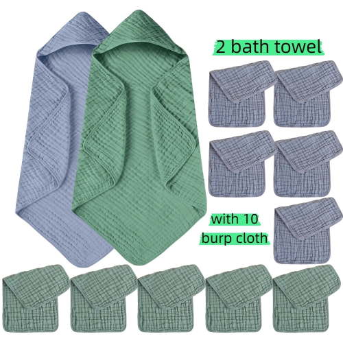 Baby 100% Cotton Bath Towel & Burping Towel Set - 12 Pieces (Including 2 Hooded Bath Towels & 10 Burping Towels), Highly Absorbent, Skin-Friendly & Gentle, Multi-Use as Wrap, Swaddle & Spit-Up Towel