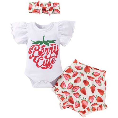 Newborn Baby Girls Clothes Ruffles Sleeve Romper + Fruit Floral Bottoms Shorts + Headband 3PCS Summer Birthday Outfits