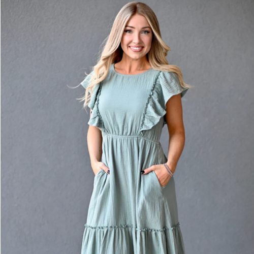 Gauze Ruffle Midi Dress- Seafoam Green