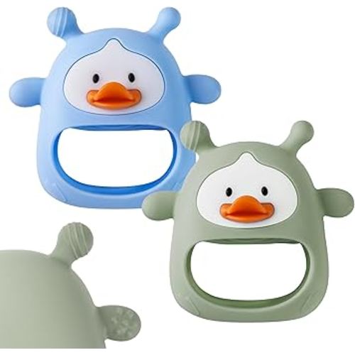 2 Packs Baby Teething Toys for 0-6 6-12 Months, Food Grade Silicone Teething Mitten, Anti Dropping Wrist Hand Teethers, Never Drop Baby Chew Toys for Sucking Needs, BPA Free (Blue & Green)