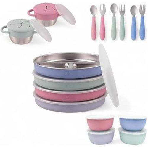 Elk and Friends Kids Stainless Steel Mealtime Bundle | 16 Pcs Dinnerware Set | Plates, Bowls, Snack Cups & Toddler Utensils | Travel Storage Lids | Dishwasher Safe