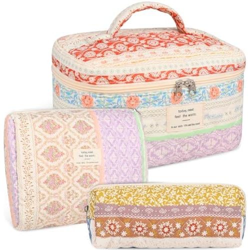 Anfly Makeup Bag, Quilted Cosmetic Bags, Large Floral Make Up Bag for Women, Cute Cotton Makeup Bag 3PC Set, Travel Toiletry Bag (Color Clash)