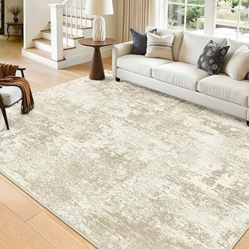 Washable Area Rugs 6'x9' Non-Slip Modern Abstract Soft for Living Room Entryway Bedroom Nursery, Print Pattern, Beige Cream Brown