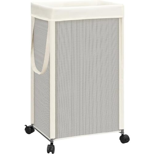 STORAGE MANIAC Laundry Hamper with Wheels, 90L (23.7 Gal) Large Tall Rolling Laundry Basket with Removable and Washable Liner Bag, Aesthetic Dirty Clothes Hamper for College, Dorm, Off-white