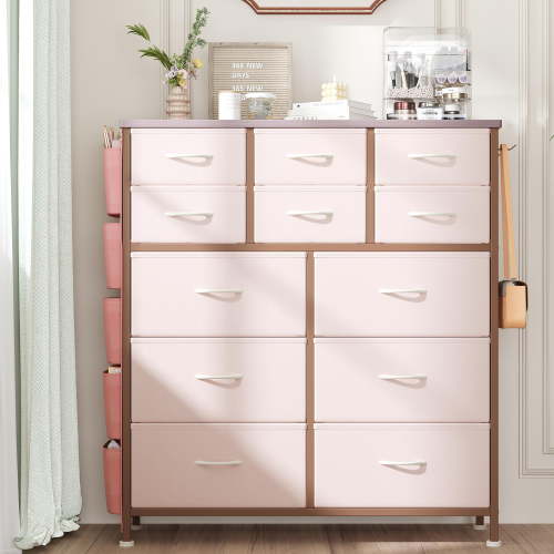 ENYOPRO 12 Drawers Fabric Dresser with Side Pockets and Hooks, Clothes Cabinet Storage Organizers, Fabric Dresser of Drawers with Steel Frame and Wooden Top for Bedroom, Living Room, Hallway, Pink
