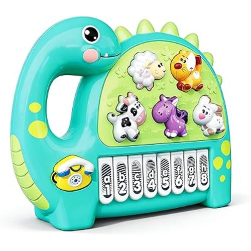 Baby Piano Drum Music Toy 6-12 Months, Dinosaur Light Up Musical Keyboard Animal Sound, Toddler 12-24 Early Learning Educational Interactive Infant Toys Girl Boy Gift 1 Year Old