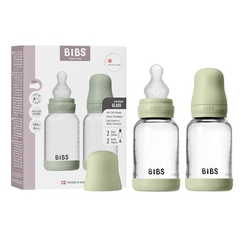 BIBS Glass Baby Bottle, 120 ml, 2-Pack, Silicone Nipple, Sage | Anti-Colic | Slow Flow | Supports Breastfeeding | Made in Denmark | Familiar BIBS Nipple