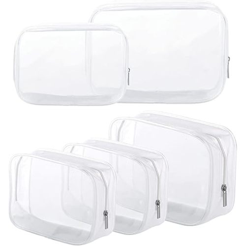 5 Pack Clear Plastic Zippered Toiletry Carry Pouch TSA Approved Toiletry Bag Portable Cosmetic Makeup Bag for Vacation, Bathroom and Organizing (White, Small/Large)