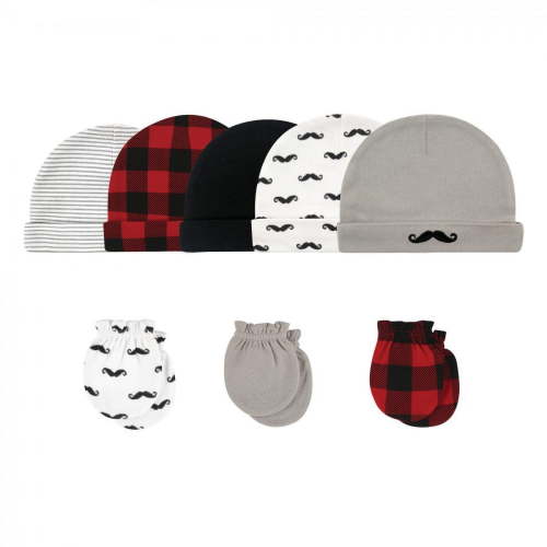 Hudson Baby Infant Boy Cotton Cap and Scratch Mitten 8pc Set, Mustache, 0-6 Months