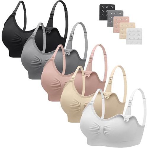 Angelhood Nursing Bra 5 Pack Womens Maternity Breastfeeding Seamless Wireless Sleep Bra with Extenders
