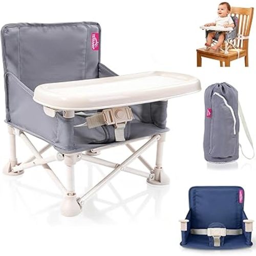 Portable Baby Chair, Baby Beach Chair with 2-Pack Interchangeable Seat Covers, Portable Booster Seat with Tray & Travel Bag, Compact Foldable, Easy-Swap Colors, Perfect for Travel