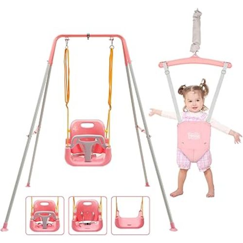 FUNLIO 2 in 1 Swing Set for Toddler & Baby Jumper, Heavy Duty Kids Swing & Bouncer with 4 Sandbags, Foldable Metal Stand for Indoor/Outdoor Play, Easy to Assemble and Store - Pink