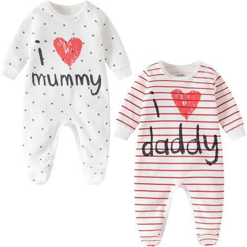 AOMOMO 2-Pack Baby Clothes Newborn Bodysuits I Love Daddy &Mummy Romper, Cotton Footed Pajamas for Baby Boys and Girls