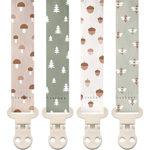 Stadela Baby Pacifier Clip Holder - Girl or Boy Unisex 4 Pack Gift Set – Woodland Mushrooms Bees Neutral Green Beige (Forest)
