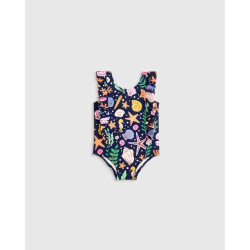 Ruffle One Piece Swimsuit - Baby in Navy Seashells