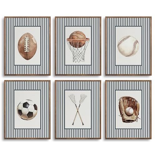 BVVEYKXX 6Pcs Vintage Sports Themed Wall Art Retro Ball Sports Boy's Room Posters Children's Room Wall Decor Baseball Football Soccer Basketball Prints Pictures for Kids Room Nursery 8x10in Unframed