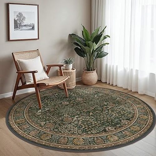 Bavni Round Rug 5ft-Machine Washable Area Rugs Non-Slip for Bedroom, 5x5 Vintage Floral Rug Distressed Throw Carpet for Living Room Nursery Kitchen Bathroom, Dark Green/Multi