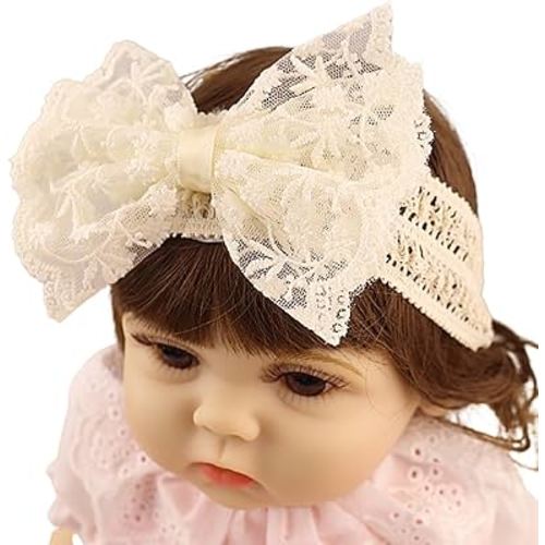 Lace Flower Bow-knot Baby Girls Headband Birthday Infant Wrap Elastic Baby Turban Hairband for Newborn Infant Toddler Kids (Ivory)