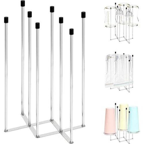 Foldable Baby Bottle Drying Rack, 8-Pole Stainless Steel Collapsible Dryer for Bottles, Cups and Reusable Bags, Space-Saving Countertop Organizer, Silver