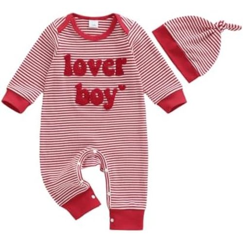Lesimsam Newborn Infant Baby Boy Valentines Outfit Letter Embroidery Long Sleeve Waffle Knit Romper Jumpsuit with Hat