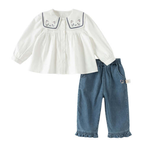 Dave&Bella Toddler Girls White Cute Cat Long Sleeve Soft Top Pant Suit – Dave & Bella