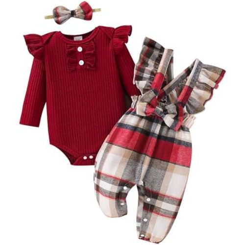 ​Baby Girls 3-Piece Boutique Set, Long Sleeve Ruffle Romper with Fuzzy Plaid Overalls and Matching Headband​
