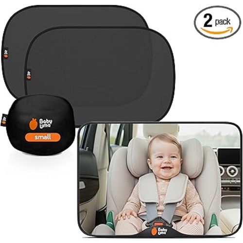 Baby Uma Car Window Shades + Baby Car Mirror - UPF 50+ Window Shade 2 Pack PLUS 1 Shatterproof, XL View Mirror for Baby, Easy On 'n Off, Newborn Essentials