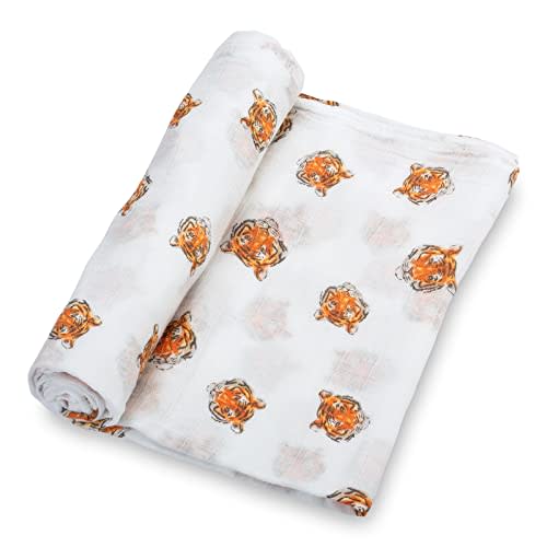 LollyBanks 100% Cotton Muslin Swaddle Blanket, Large 47 x 47 Inches, Tiger Theme, Orange, Modern Animal Print, Breathable and Lightweight, Baby Care, 1 Count