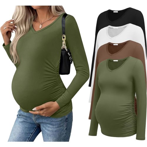 Ekouaer Womens Maternity Shirts Long Sleeve 4 Pack V Neck Side Ruched Pregnancy Tops Blouse Casual Mama Clothes S-XXL