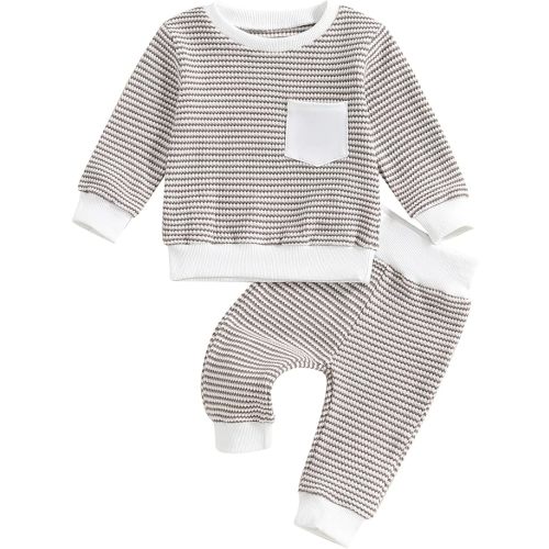 ZAXARRA Baby Boy Fall Clothes Long Sleeve Toddler Boy Waffle Sweatshirt Pullover Tops Pants Infant Fall Winter Outfits