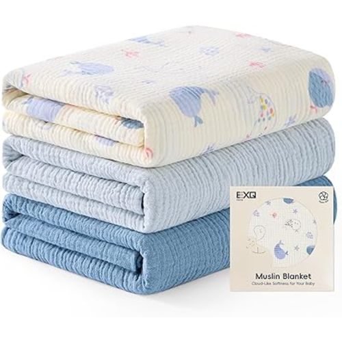 EXQ Home Muslin Swaddle Blankets for Baby, 3 Pack Cotton Breathable Soft Receiving Blankets for Newborn Boys and Girls, Baby Essentials & Gift, 38x40 inches(Little Whale)