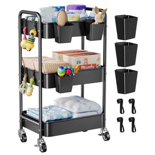 3 Tier Baby Diaper Caddy Organizer and Storage Rolling Cart with Wheels for Newborn Nursery Essentials, Baby Organizers for Changing Table, Three Tier Bedside Carts for Baby Stuff, Clothes, Black
