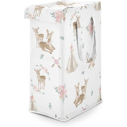 Sweet Jojo Designs Woodland Deer Floral Girl Laundry Hamper Foldable Dirty Clothes Basket with Handles Baby Nursery Kids Bedroom Teen Bathroom Pink Green Boho Watercolor Bohemian Forest Animals Shabby
