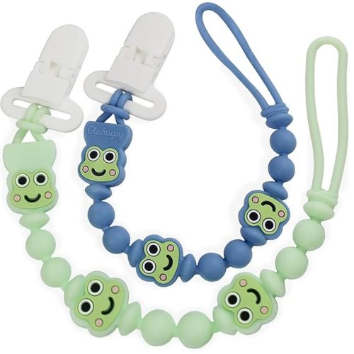 Pacifier Clips 2 Pack, Silicone Baby Pacifier Clips with One Piece Design, Frog Character, BPA Free - CPSIA Certified, Soft Flexible Paci Clip Holder