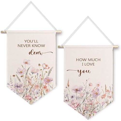 ChissNook Wildflower Nursery Canvas Banner Set of 2, You 'll Never Know Dear How Much I Love You Hanging Pennant Banner Flags Wall Display, Nursery Wall Decor for Baby Girls Room Bedroom Playroom