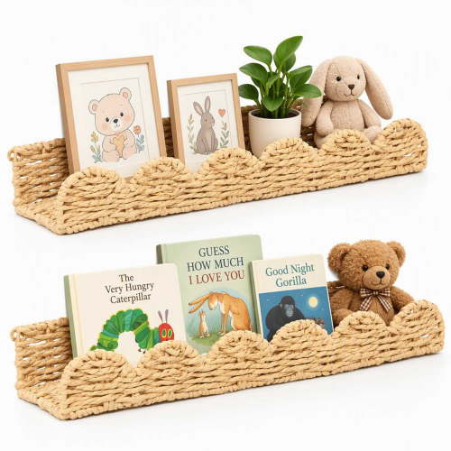 Scalloped Floating Bookshelves Set of 2, Boho Woven Straw Paper Picture Ledge, Modern Farmhouse Wall Decor for Nursery Kids' Books, Toys & Frames