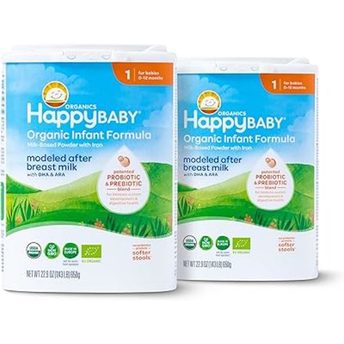 Happy Baby Organics Stage 1 Infant Formula, 0 12 Months, Milk Based Organic Baby Formula Powder with Iron, Probiotics & Prebiotics for Immune & Digestive Support, 22.9 Ounce (Pack of 2)