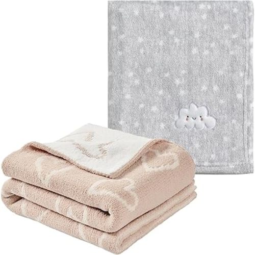 CREVENT 2Pcs 30''X40'' Cute Cozy Fluffy Warm Baby Blankets for Infants Toddlers' Bedding Crib Cot Stroller - Grey Cloud + Knit Pink