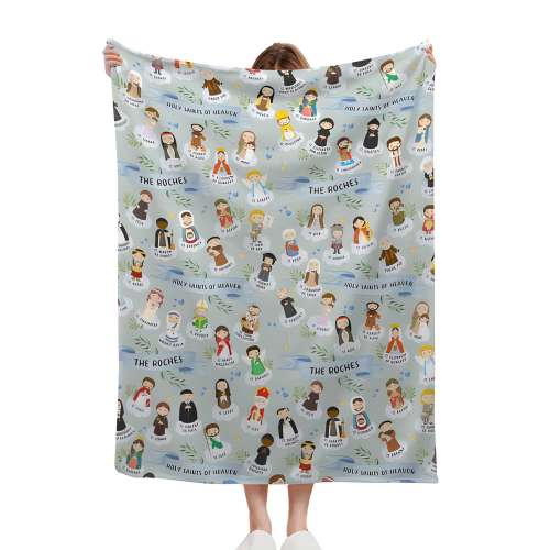 Personalized Holy Saints of Heaven Cartoon Soft Throw Blanket with Name Religion Home Decor Easter Baptism Prayer Gift for Kids Catholics
